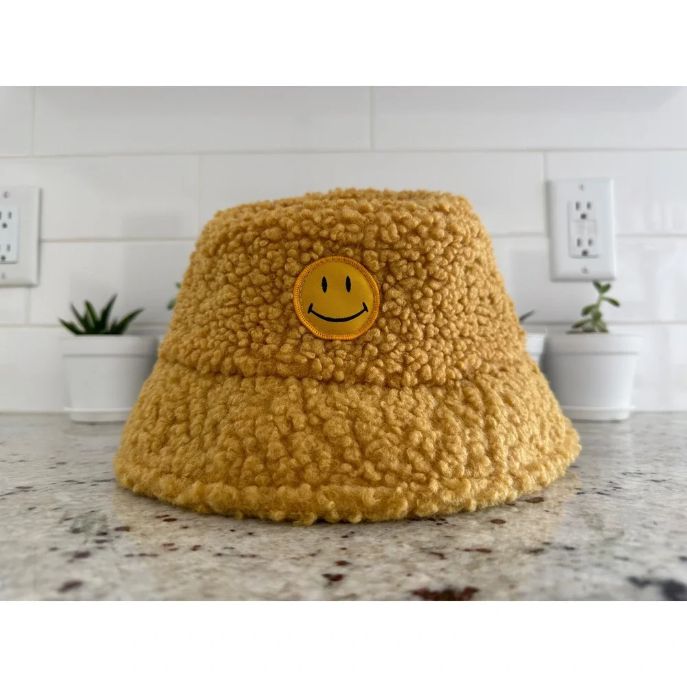 Smiley Face Sherpa Bucket Hat‎ Yellow One Size
